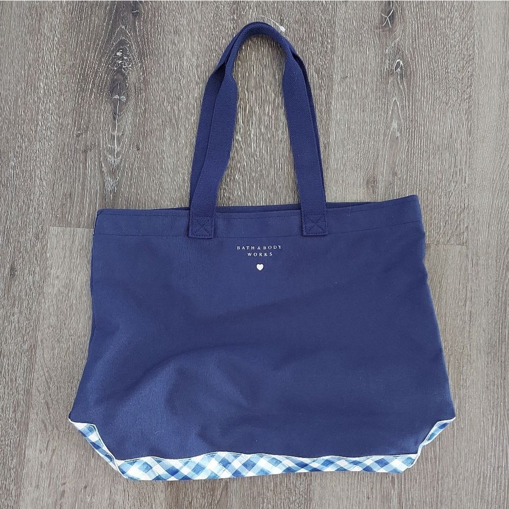 Bath & Body Works New Navy Blue Checkered Turquoise White Gingham Tote